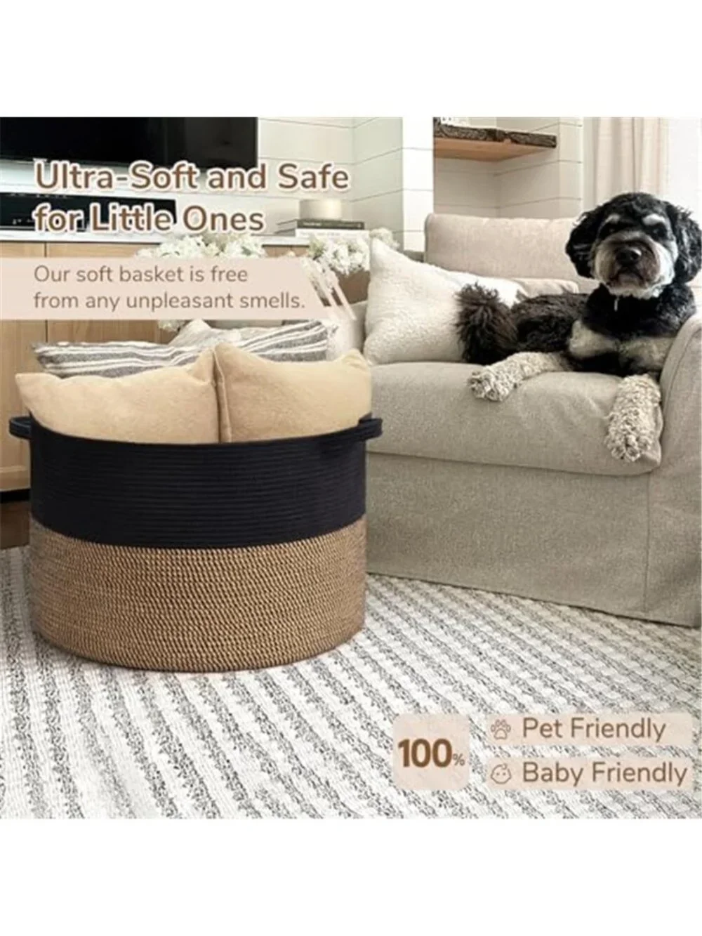 New XXXLarge Woven Rope Blanket Basket Living Room Mix Black, 90L
